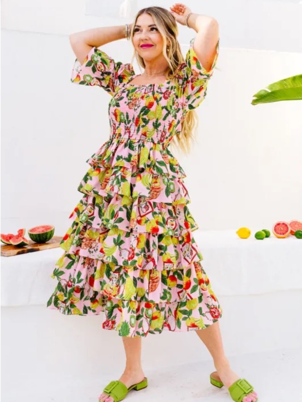 Ivy City Co 100% Cotton Fruit Ruffle Midi Dress XS